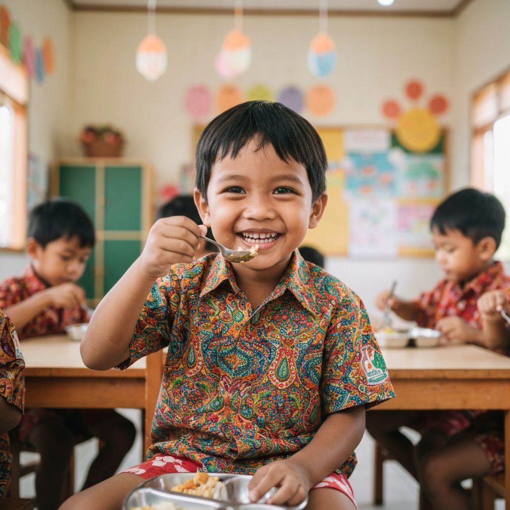 Happy Indonesian child after nutritious school lunch